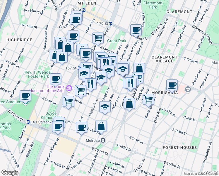 map of restaurants, bars, coffee shops, grocery stores, and more near 1150 College Avenue in Bronx