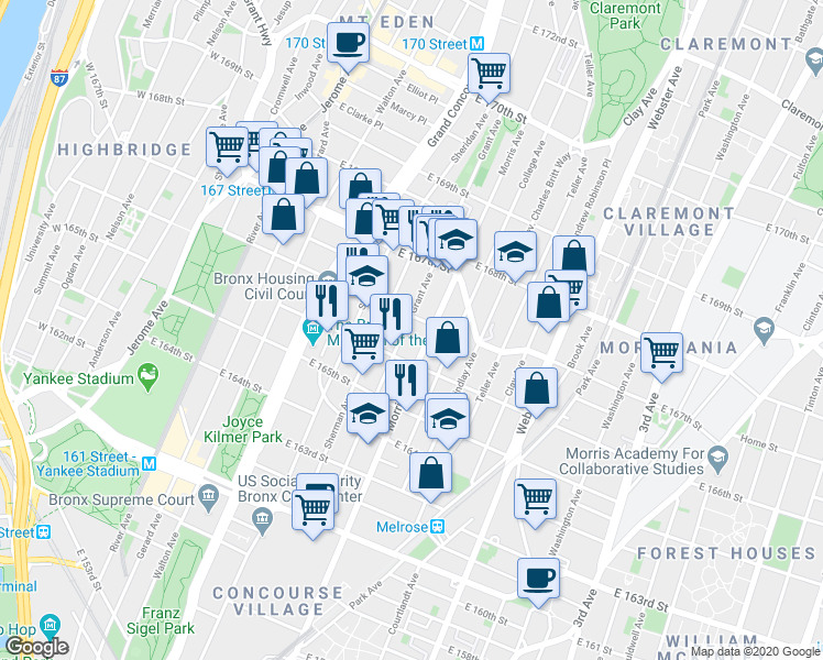 map of restaurants, bars, coffee shops, grocery stores, and more near 1131 Morris Avenue in The Bronx