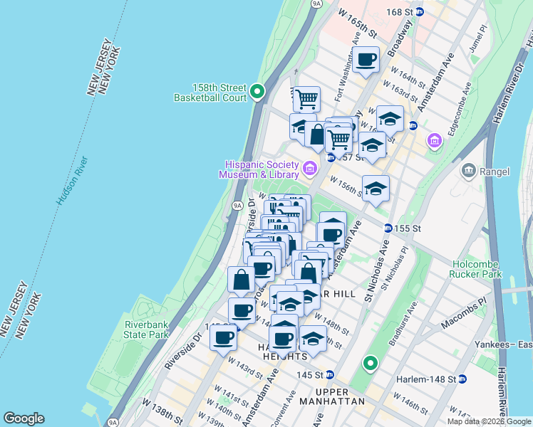 map of restaurants, bars, coffee shops, grocery stores, and more near 625 West 152nd Street in New York