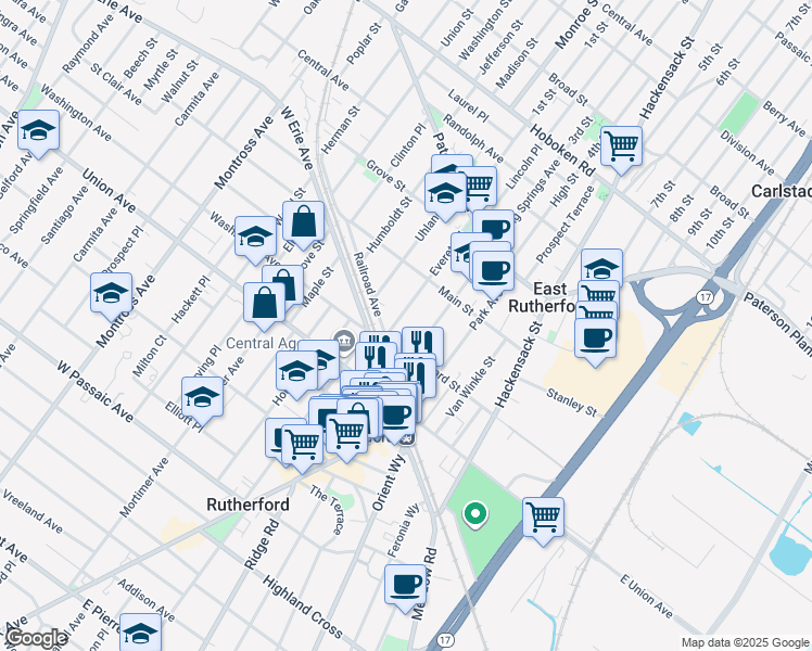 map of restaurants, bars, coffee shops, grocery stores, and more near 207 Everett Place in East Rutherford