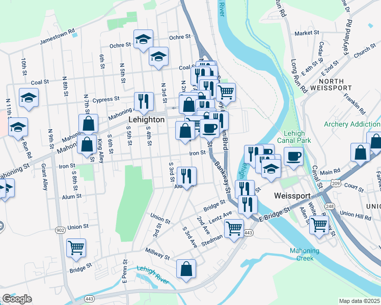 map of restaurants, bars, coffee shops, grocery stores, and more near 134 Iron Street in Lehighton