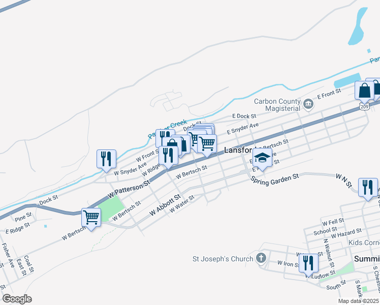 map of restaurants, bars, coffee shops, grocery stores, and more near 100 West Ridge Street in Lansford