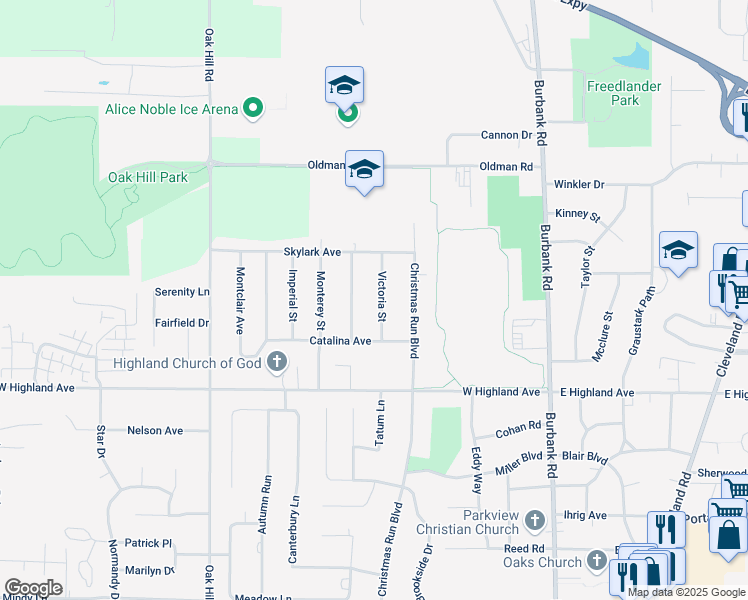 map of restaurants, bars, coffee shops, grocery stores, and more near 2564 Victoria Street in Wooster
