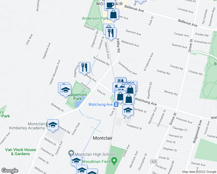 map of restaurants, bars, coffee shops, grocery stores, and more near 88 Watchung Avenue in Montclair