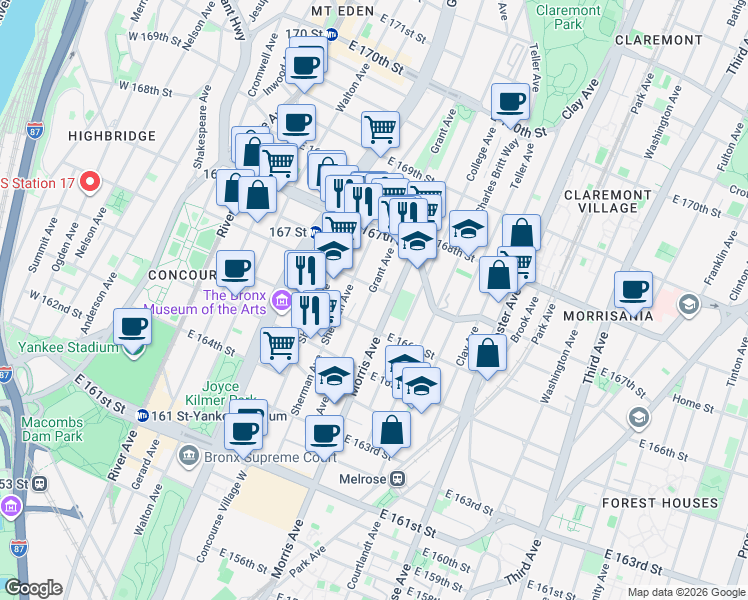 map of restaurants, bars, coffee shops, grocery stores, and more near 1128 Grant Avenue in The Bronx