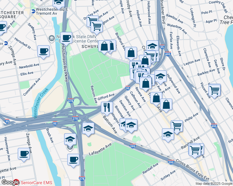 map of restaurants, bars, coffee shops, grocery stores, and more near 1112 Swinton Avenue in Bronx