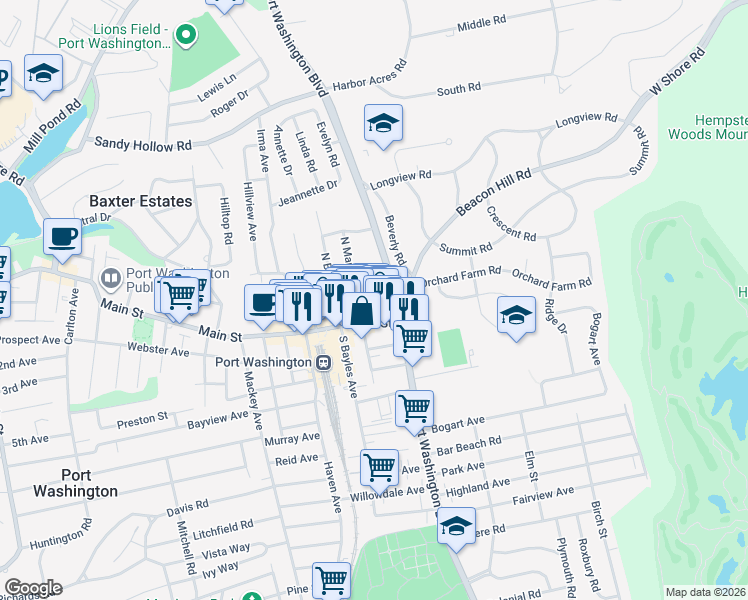 map of restaurants, bars, coffee shops, grocery stores, and more near 6 North Maryland Avenue in Port Washington