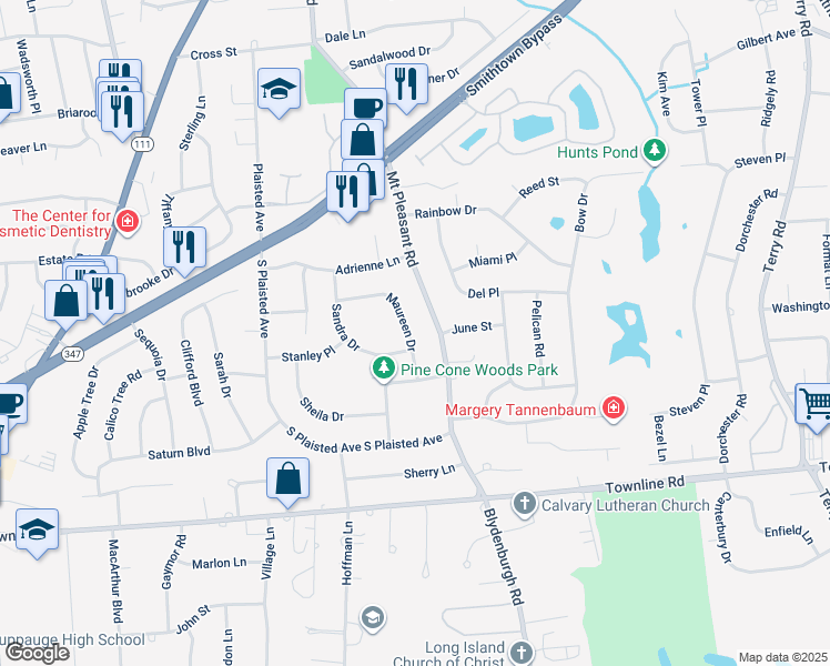 map of restaurants, bars, coffee shops, grocery stores, and more near 28 Maureen Drive in Hauppauge