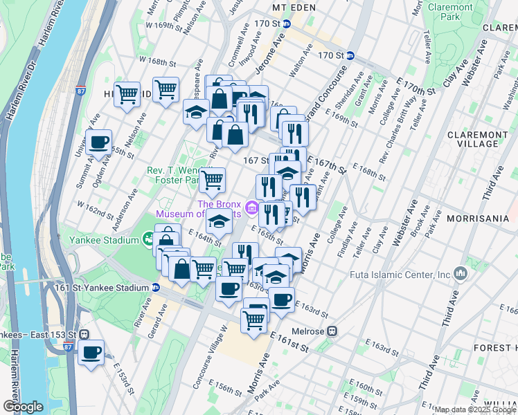 map of restaurants, bars, coffee shops, grocery stores, and more near 1072 Grand Concourse in Bronx