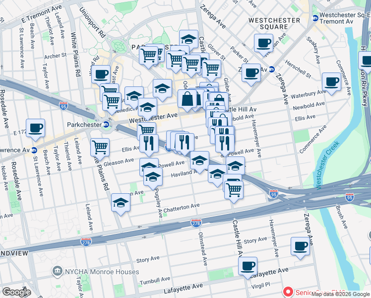 map of restaurants, bars, coffee shops, grocery stores, and more near 1200 Olmstead Avenue in Bronx