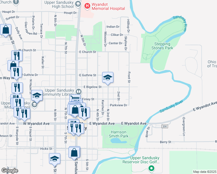 map of restaurants, bars, coffee shops, grocery stores, and more near 401 North 3rd Street in Upper Sandusky