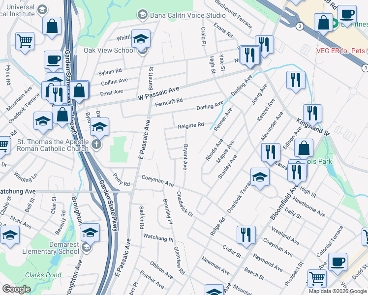 map of restaurants, bars, coffee shops, grocery stores, and more near 69 Bryant Avenue in Bloomfield