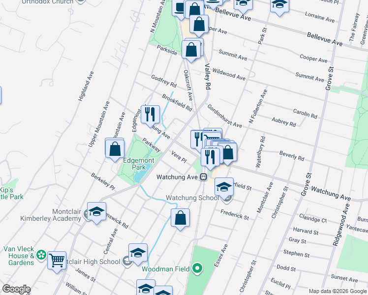 map of restaurants, bars, coffee shops, grocery stores, and more near 4 Vera Place in Montclair