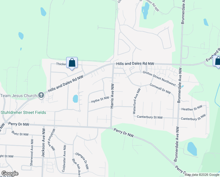 map of restaurants, bars, coffee shops, grocery stores, and more near 3463 Harris Avenue Northwest in Canton