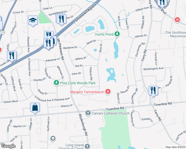 map of restaurants, bars, coffee shops, grocery stores, and more near 10 Pelican Road in Hauppauge