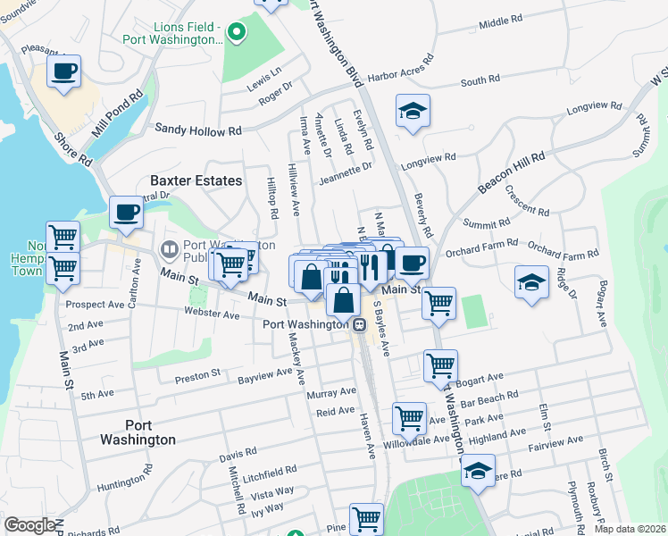 map of restaurants, bars, coffee shops, grocery stores, and more near 12 Irma Avenue in Port Washington
