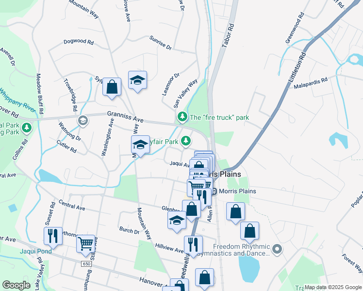 map of restaurants, bars, coffee shops, grocery stores, and more near 18 Park Way in Morris Plains