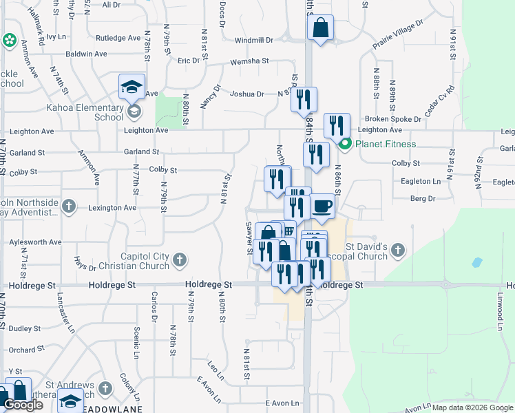 map of restaurants, bars, coffee shops, grocery stores, and more near 8112 Northern Lights Drive in Lincoln