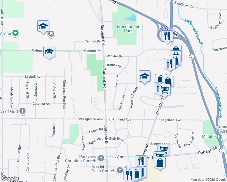 map of restaurants, bars, coffee shops, grocery stores, and more near 2662 Taylor Street in Wooster