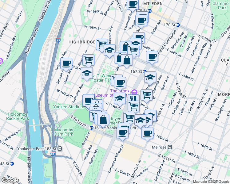map of restaurants, bars, coffee shops, grocery stores, and more near E 165th St & Gerard Ave in Bronx