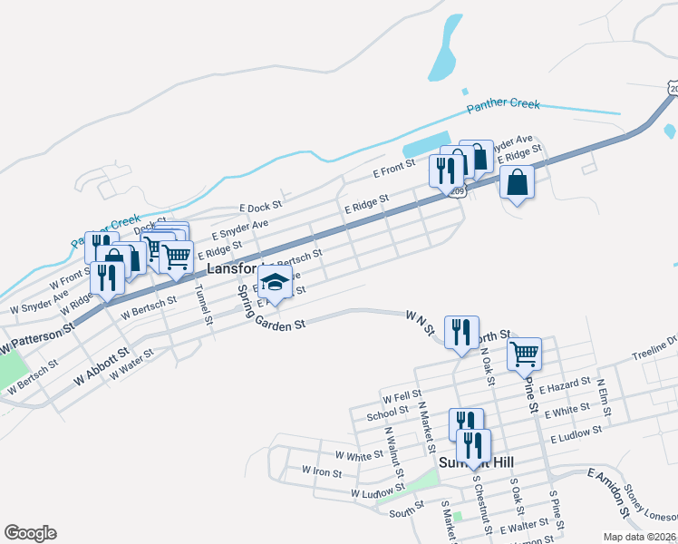 map of restaurants, bars, coffee shops, grocery stores, and more near 315 East Abbott Street in Lansford