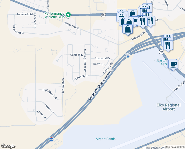 map of restaurants, bars, coffee shops, grocery stores, and more near 2765 Jennings Way in Elko