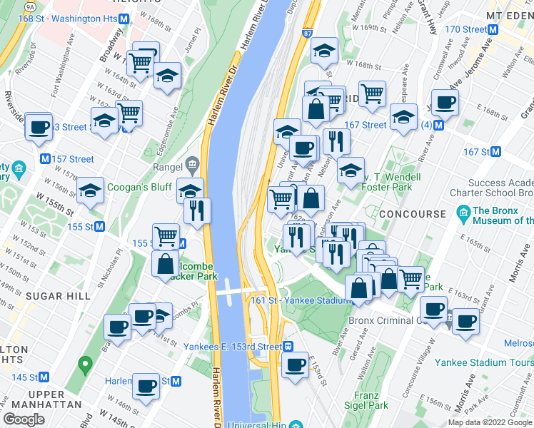map of restaurants, bars, coffee shops, grocery stores, and more near 926 Sedgwick Avenue in Bronx