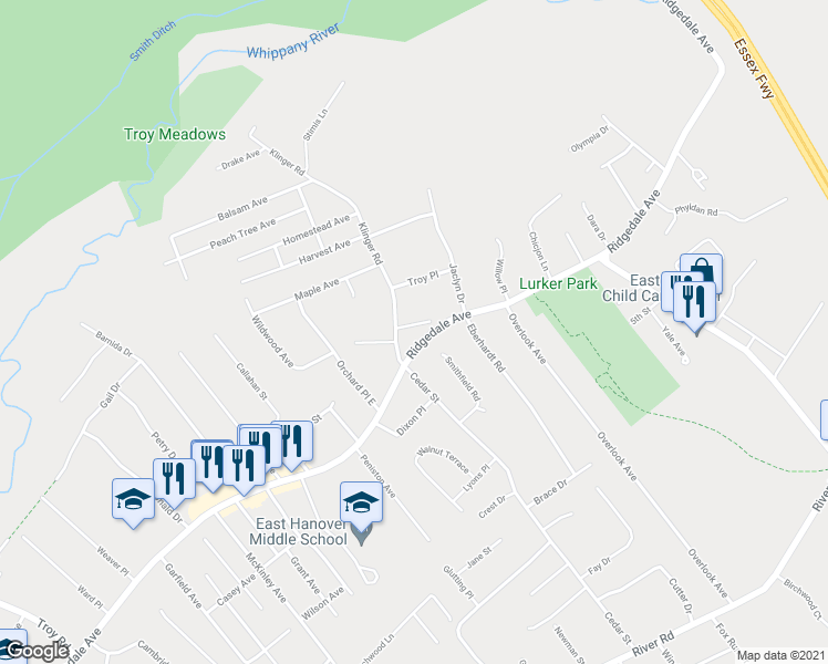 map of restaurants, bars, coffee shops, grocery stores, and more near 23 Ridgedale Avenue West in East Hanover