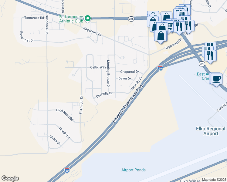 map of restaurants, bars, coffee shops, grocery stores, and more near 2765 Jennings Way in Elko