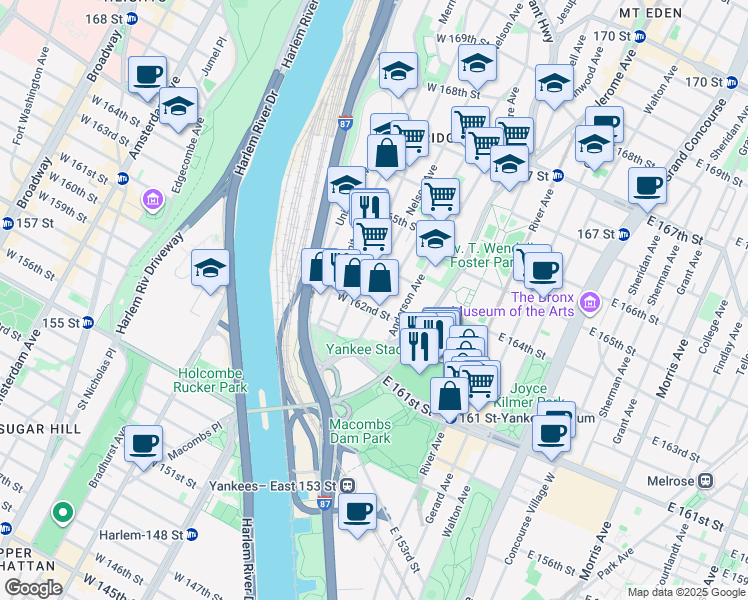 map of restaurants, bars, coffee shops, grocery stores, and more near 955 Woodycrest Avenue in The Bronx