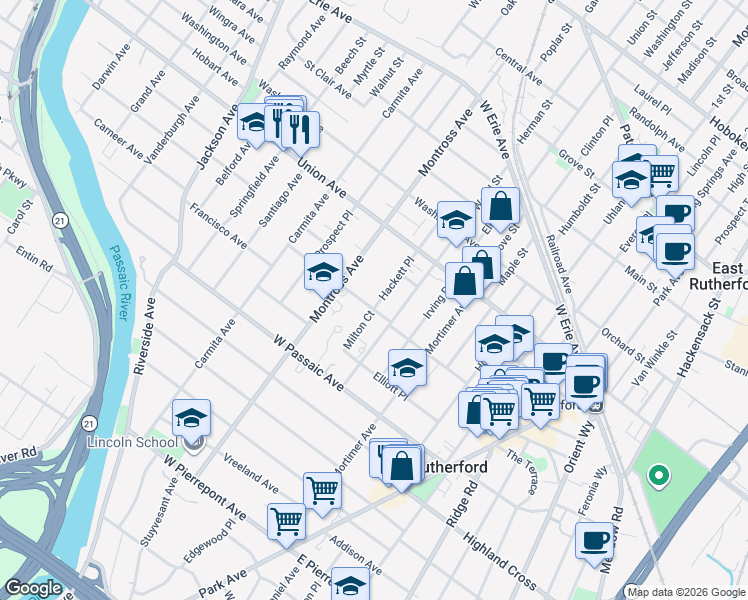 map of restaurants, bars, coffee shops, grocery stores, and more near 176 Fairview Avenue in Rutherford