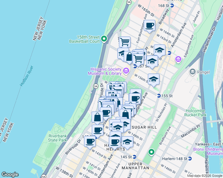 map of restaurants, bars, coffee shops, grocery stores, and more near 623 West 152nd Street in New York
