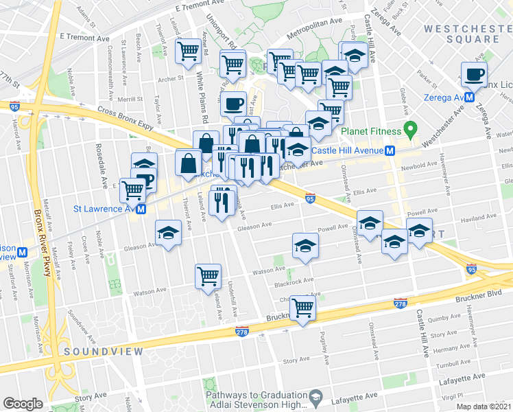 map of restaurants, bars, coffee shops, grocery stores, and more near 1941 Ellis Avenue in The Bronx