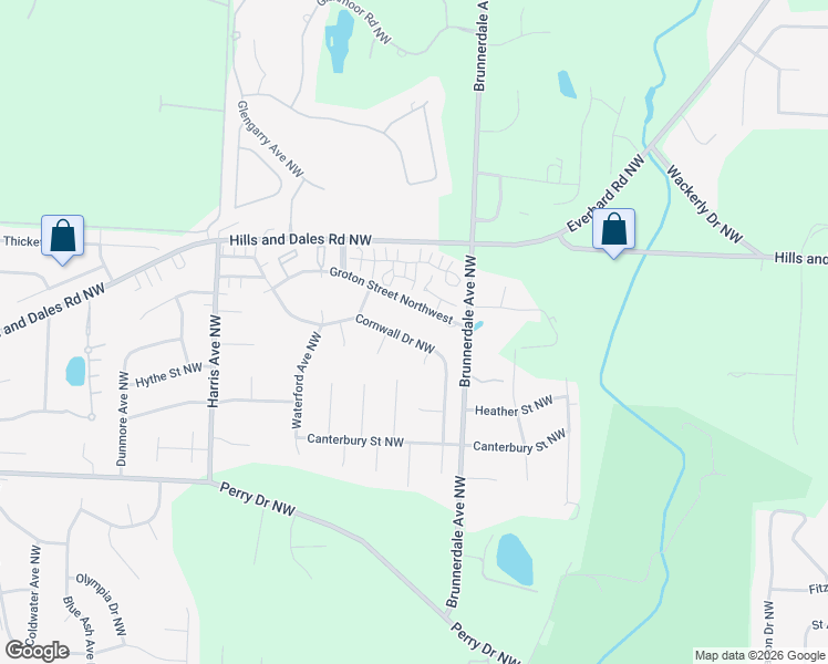map of restaurants, bars, coffee shops, grocery stores, and more near 3448 Cornwall Drive Northwest in Canton