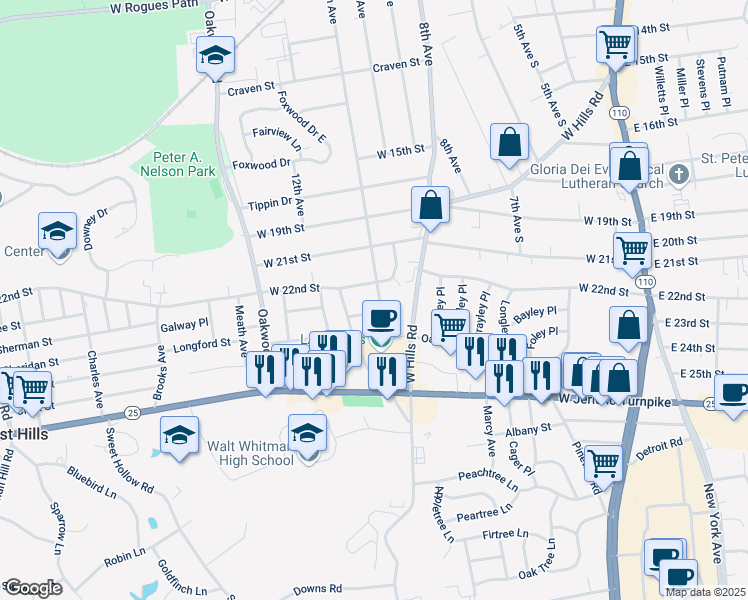 map of restaurants, bars, coffee shops, grocery stores, and more near 158 11th Avenue in Huntington Station