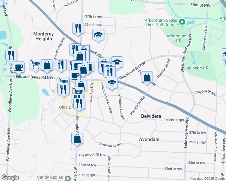map of restaurants, bars, coffee shops, grocery stores, and more near 3933 Eaton Drive Northwest in Canton