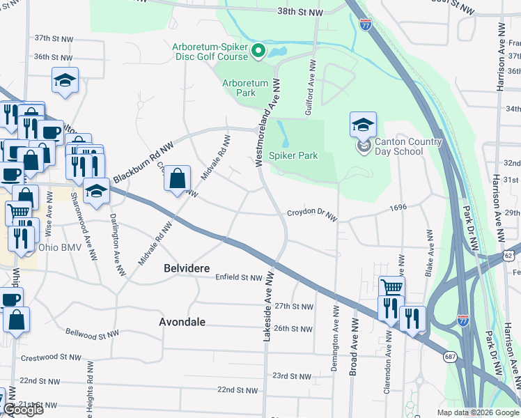 map of restaurants, bars, coffee shops, grocery stores, and more near 3201 Croydon Drive Northwest in Canton