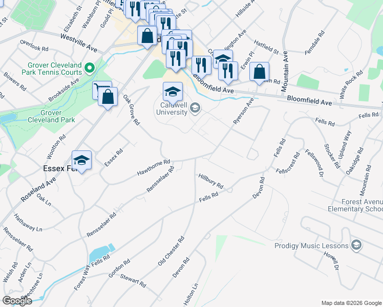 map of restaurants, bars, coffee shops, grocery stores, and more near 7 Hawthorne Road in Caldwell