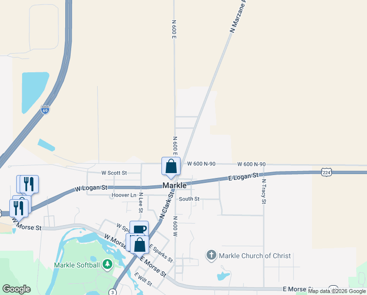 map of restaurants, bars, coffee shops, grocery stores, and more near 735 N Clark St in Markle