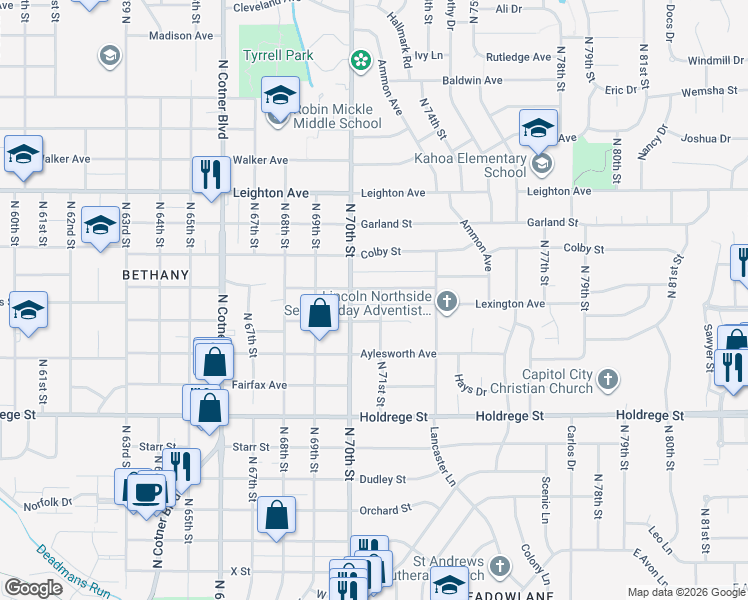 map of restaurants, bars, coffee shops, grocery stores, and more near 1901 North 71st Street in Lincoln