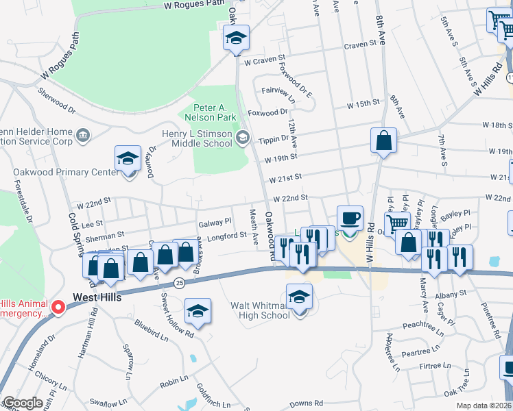 map of restaurants, bars, coffee shops, grocery stores, and more near 503 Oakwood Road in Huntington