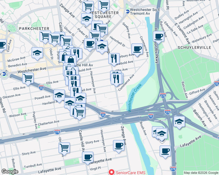 map of restaurants, bars, coffee shops, grocery stores, and more near 1133 Zerega Avenue in The Bronx