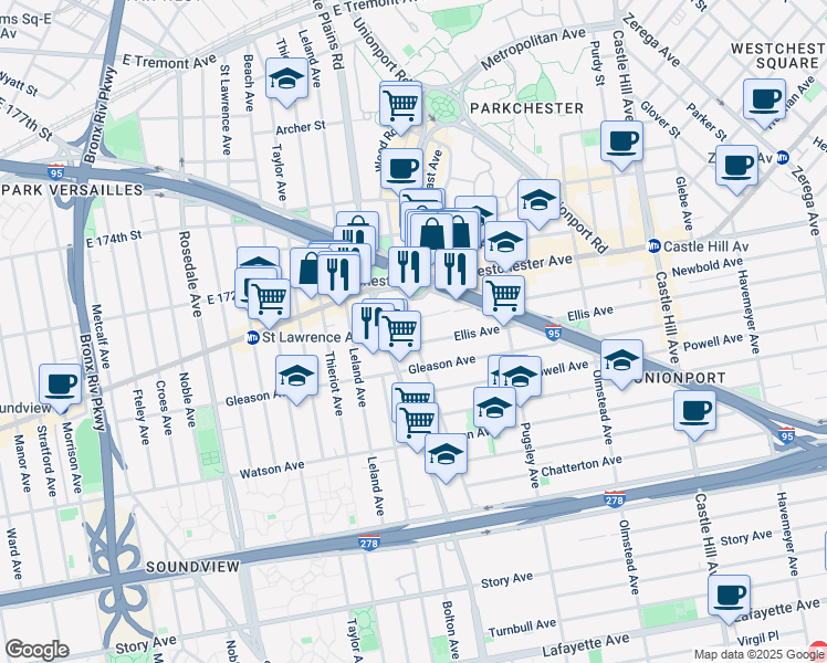 map of restaurants, bars, coffee shops, grocery stores, and more near 1234 White Plains Road in Bronx
