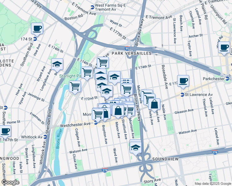 map of restaurants, bars, coffee shops, grocery stores, and more near in The Bronx