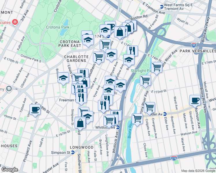 map of restaurants, bars, coffee shops, grocery stores, and more near 1452 Longfellow Avenue in Bronx