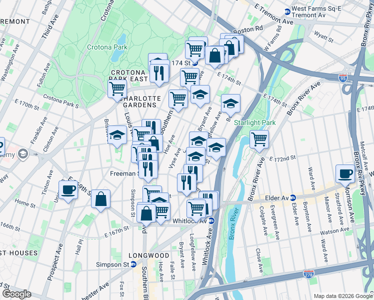 map of restaurants, bars, coffee shops, grocery stores, and more near 1453 Bryant Avenue in Bronx