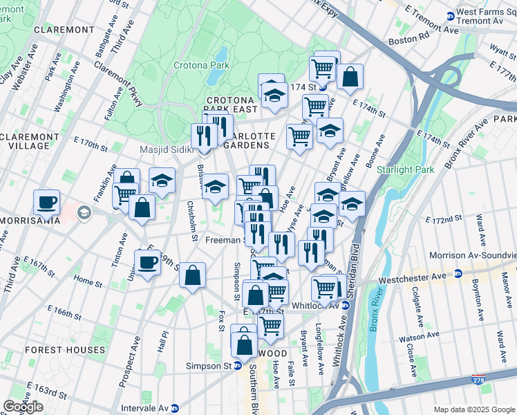 map of restaurants, bars, coffee shops, grocery stores, and more near 1327 Southern Boulevard in Bronx