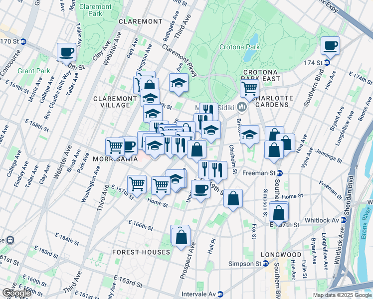 map of restaurants, bars, coffee shops, grocery stores, and more near 1297 Union Avenue in Bronx