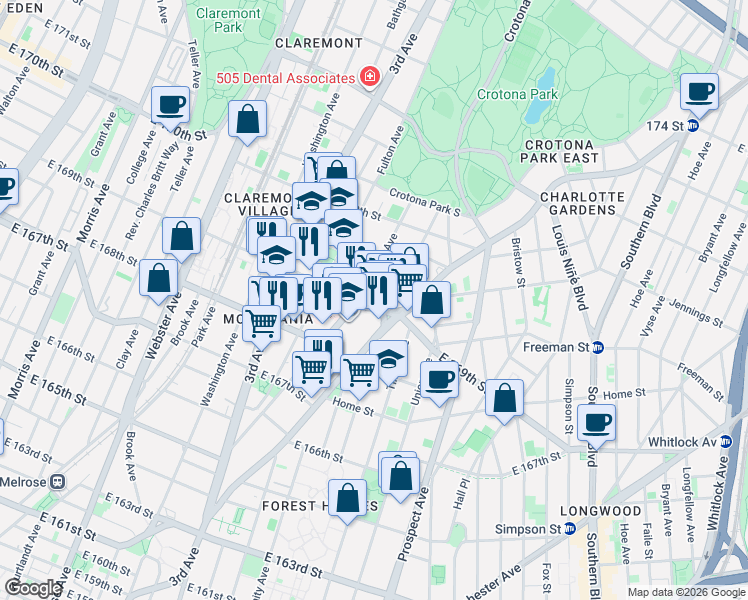map of restaurants, bars, coffee shops, grocery stores, and more near in The Bronx