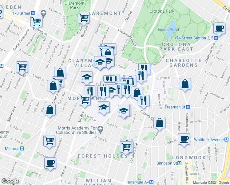 map of restaurants, bars, coffee shops, grocery stores, and more near in The Bronx